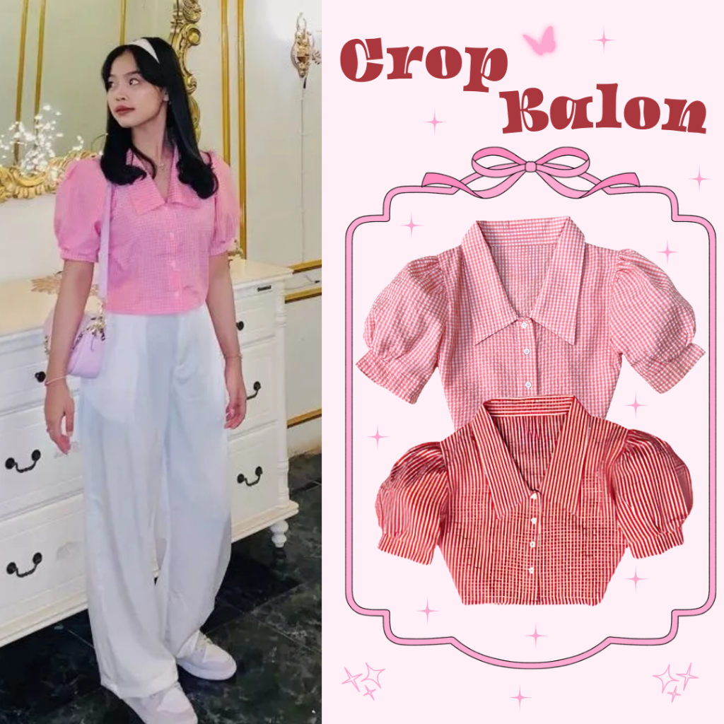Atasan Wanita Blouse Lengan Balon Crop Top Berkerah Motif Kotak Kotak - CG 3