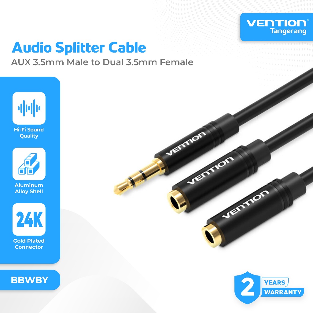 Vention Kabel Aux Audio Splitter 3.5mm Male to Dual  3.5mm Female Hi-Fi Connect 2 Earphones Without 