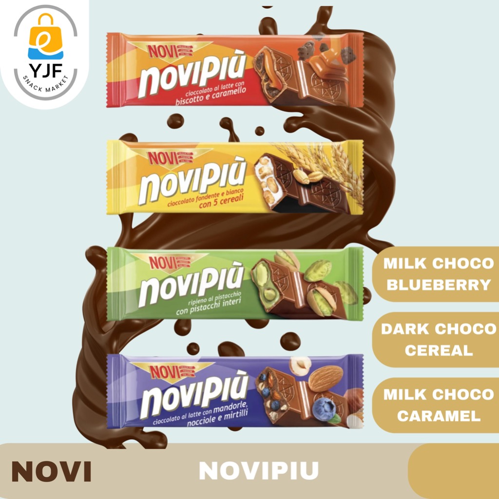 

Novi Novipiu Chocolate / Coklat Susu Karamel / Coklat Susu Sereal / Coklat Susu Almond Hazelnut Blueberry / Coklat Italia / Cokelat / Nocciole Mandorle Mirtilli / Fondente 5 Cereali / Caramello e Biscotto / 35g / 28g