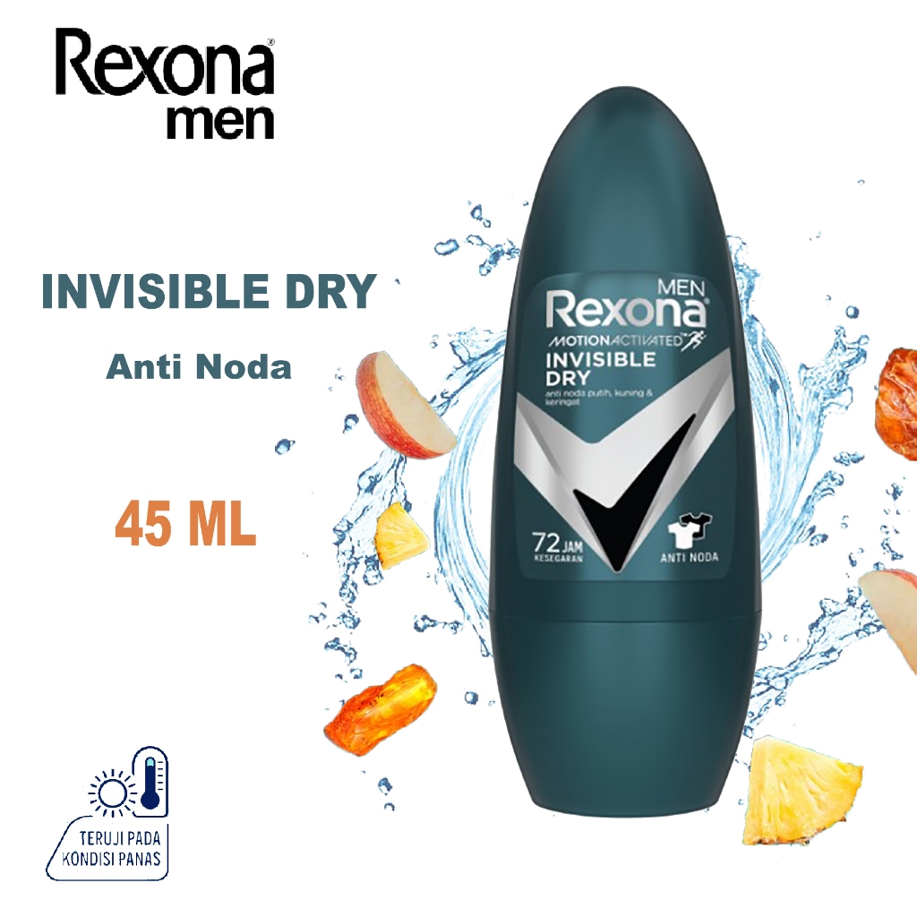 REXONA Men Roll On Deodorant Invisible Dry 45 ml - Tanpa Noda Kuning Kesegaran Non Stop