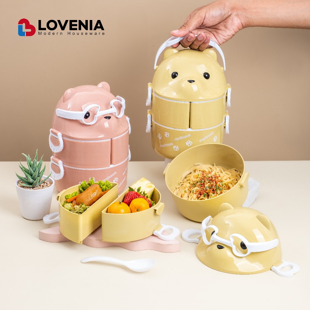 Lovenia Rantang Panda Sekat Susun 4 Bonus Sendok Makan Plastik / Lunch Box Beruang Karakter Sekat 4