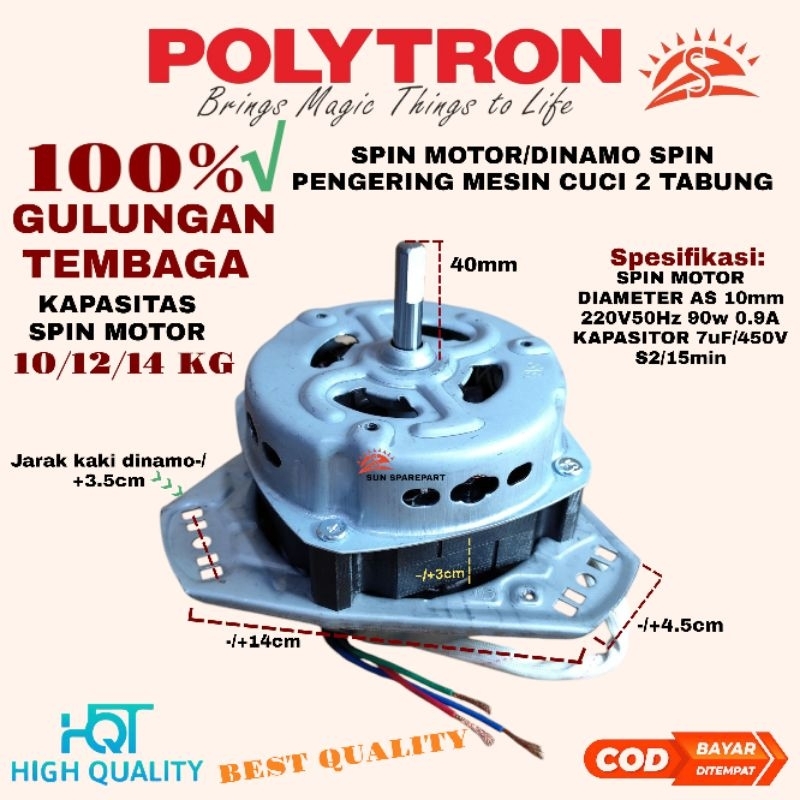 Dinamo spin pengering kapasitas 10 - 14 KG gulungan 100% Tembaga mesin cuci Polytron 2 Tabung