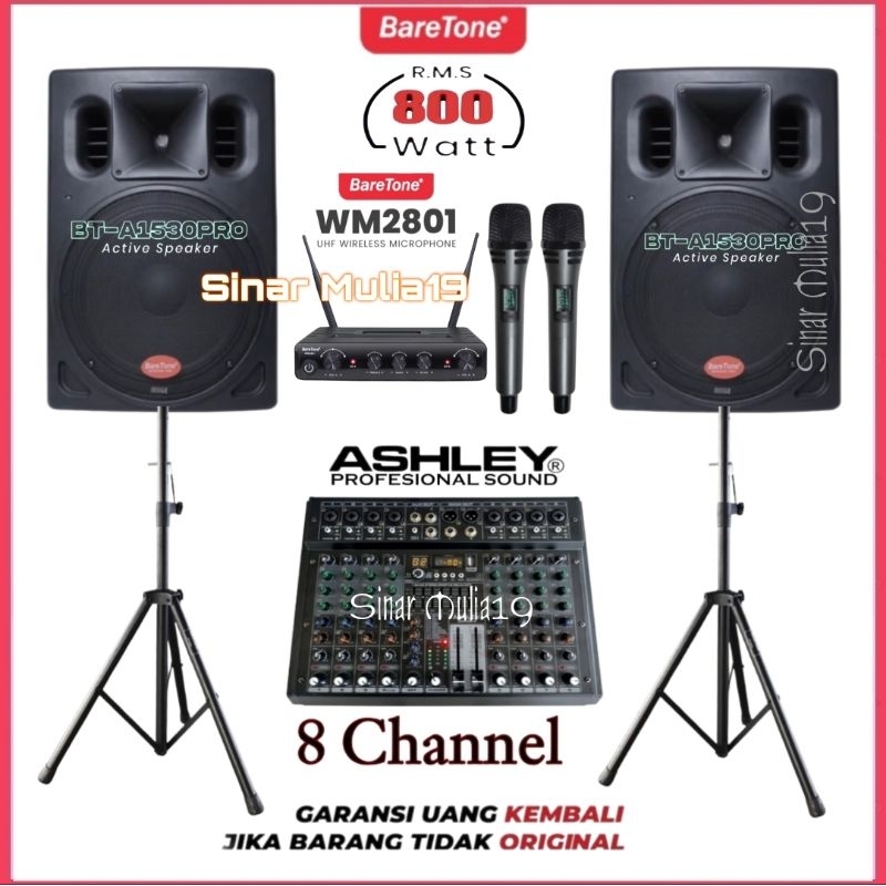 Paket Komplit Sound System Speaker Aktif 15 Inch 800w BareTone BT-A1530PRO Mixer Ashley 8 Channel Mi