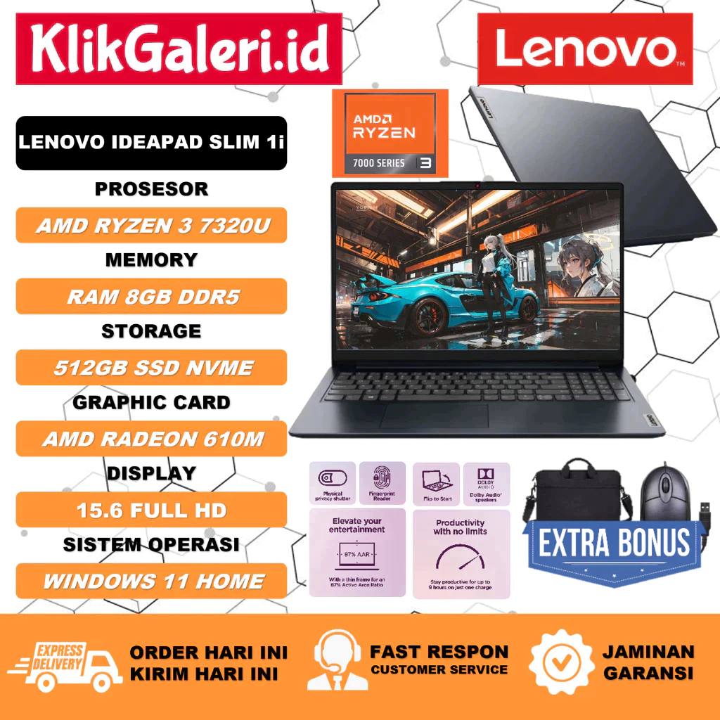 Laptop Lenovo Ideapad Slim 1 15 AMD Ryzen 3 7320U 8GB LPDDR5 512GB SSD FHD Blue