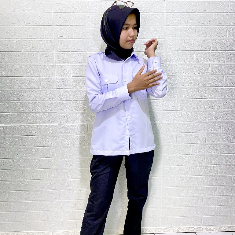 Setelan Seragam Baju PDH Putih Wanita Atasan Kemeja Kerja Dinas PNS Cewek Model Saku Dada Terbaru