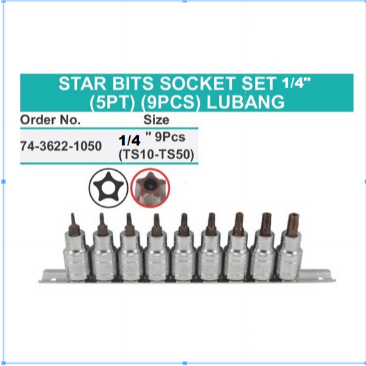 WIPRO STAR BIT SOCKET SET 5PT (POINT) 9PC 1/4" TS10-TS50 kunci bintang segi 5 lubang tengah