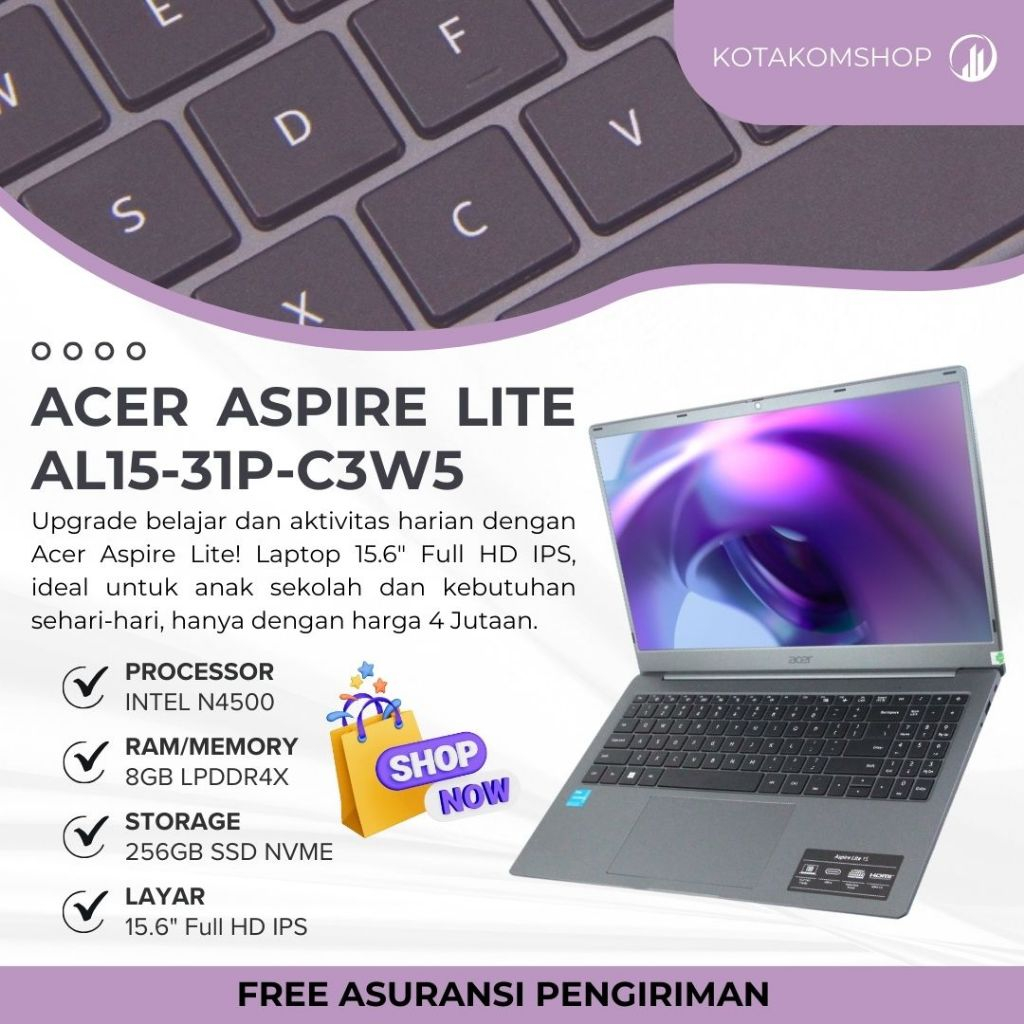 Laptop Baru 4 Jutaan Acer Aspire Lite AL15 - C3W5 Intel N4500 Ram 8GB SSD 256GB 15.6" FHD IPS