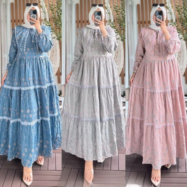 Gamis Kekinian Lebaran 2025 Husna  Maxy Dress BO Bahan Kain Katun Bordir LD 100 -130 cm  PJ 140 cm S