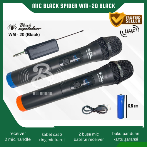 MIC WIRELESS BLACK SPIDER WM 20 BLACK ORIGINAL PROFESSIONAL MICROPHONE UHF GARANSI BLACKSPIDER
