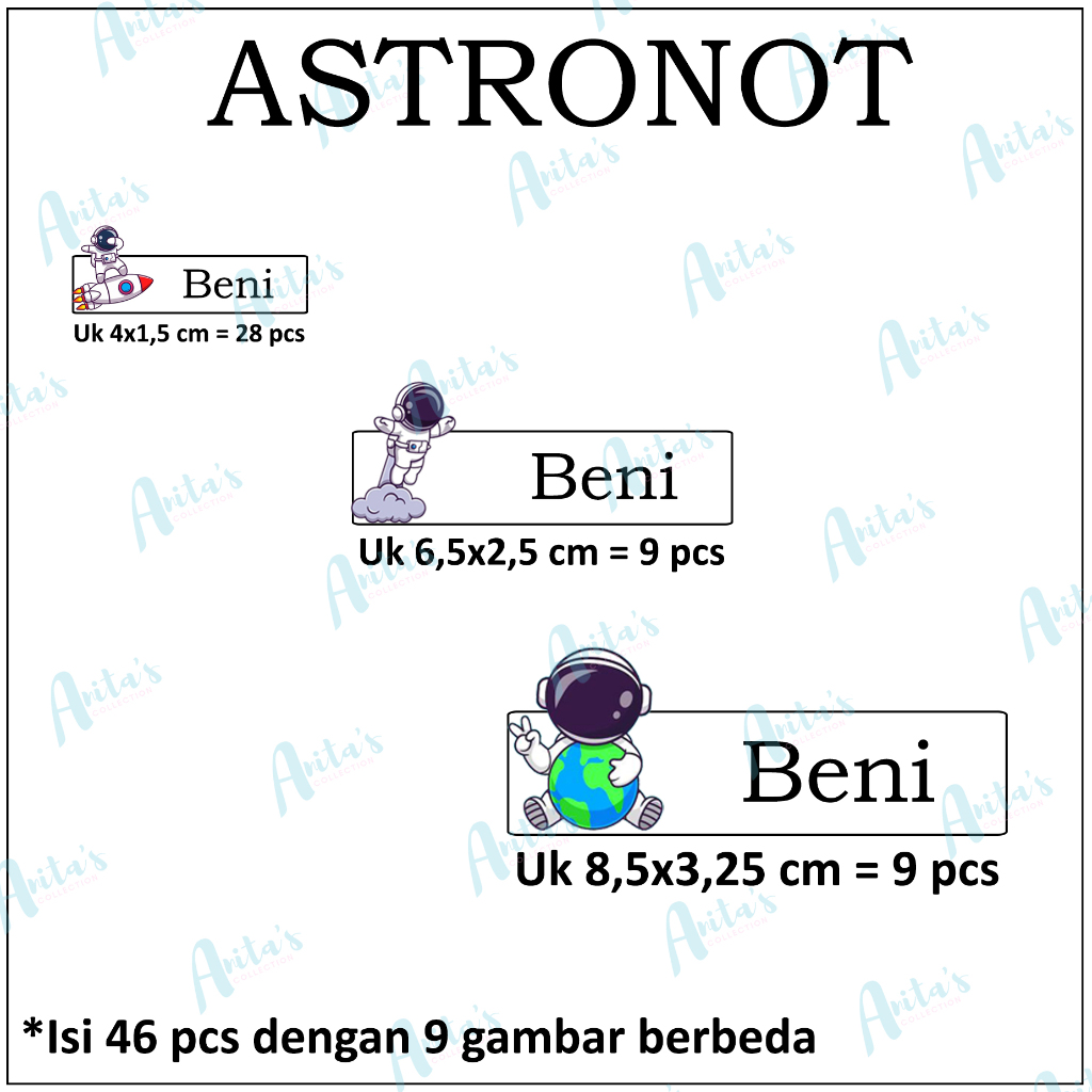 

46pcs STIKER LABEL NAMA PULPEN / PENSIL dll tema ASTRONOT | SIZE S, M, L (MIX) | CUSTOM NAMA