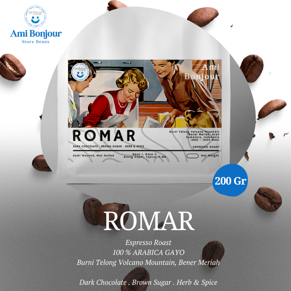 

Ami Bonjour - Romar - Biji Kopi Espresso Roast Coffee Bean - Kopi Arabica Gayo - Kopi Big Berry - 200GR