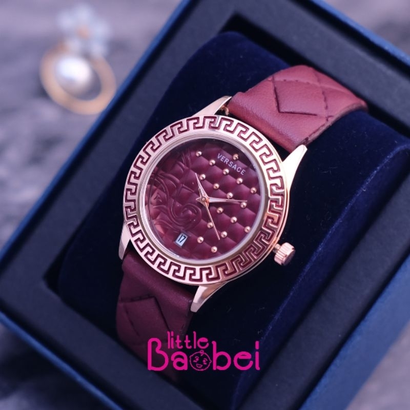Jam Tangan Wanita Fashion Tali Kulit Premium Versace Tanggal Aktif Tali Motif Ketupat - Merah Maroon