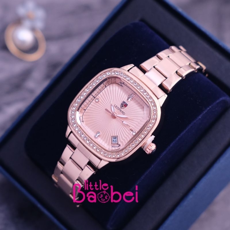 Jam tangan Wanita Fashion Original Leopard Model Kotak- Full Rosegold