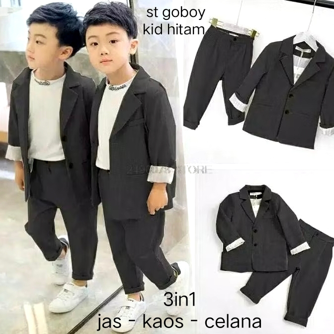 3in1 set goboy kids setelan jas anak laki laki bahan katun strech size 4-6th all size ld70cm dapat j