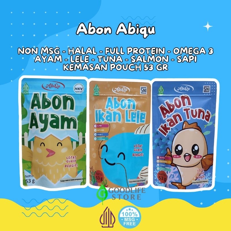 

Abon Abiqu Sapi Tuna Lele Ayam Sapi Salmon Abon Bayi No MSG Kemasan Pouch 53 gram