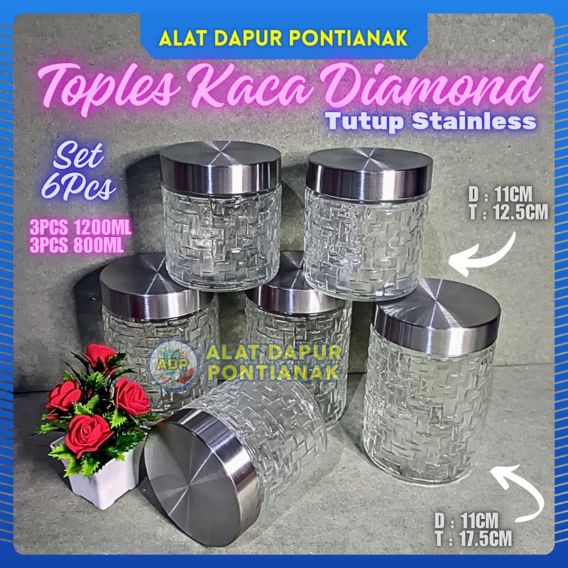 Toples Kaca Diamond Cantik Set 6 pcs | Tutup Stainless | 1200ml & 800ml | Mewah Elegan & Kedap Udara