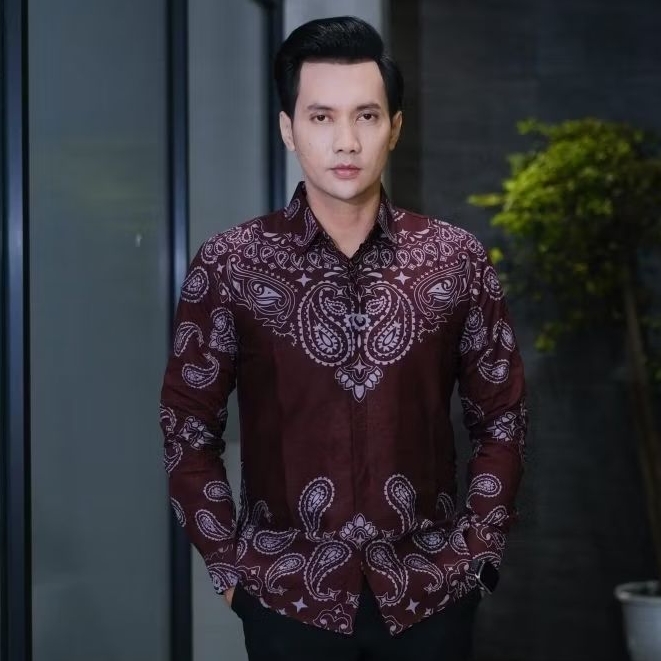 batik AS motif BARA merah maroon burgundy Kemeja batik pria slimfit lengan panjang pendek bahan katu