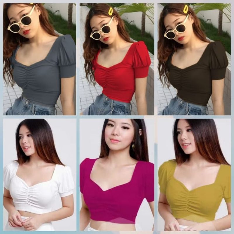 crop top wanita Korea style -crop top kerut lengan balon -crop top spandek rayon 6011