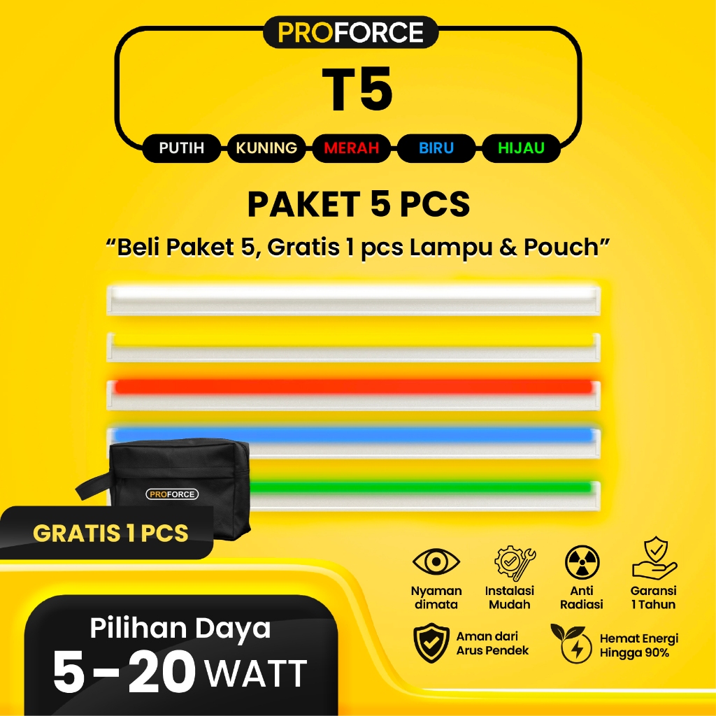 Paket 5 Pcs Proforce Lampu TL T5 Hias LED Warna Cahaya Putih Kuning Merah Biru Hijau Fluorescent Lig