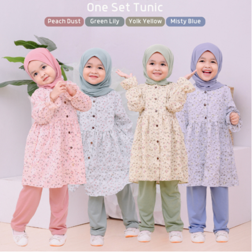 Cutekids Baju Setelan Anak Perempuan Cewek One Set Tunik Lengkap Celana Bahan Crinkle Pakaian Muslim