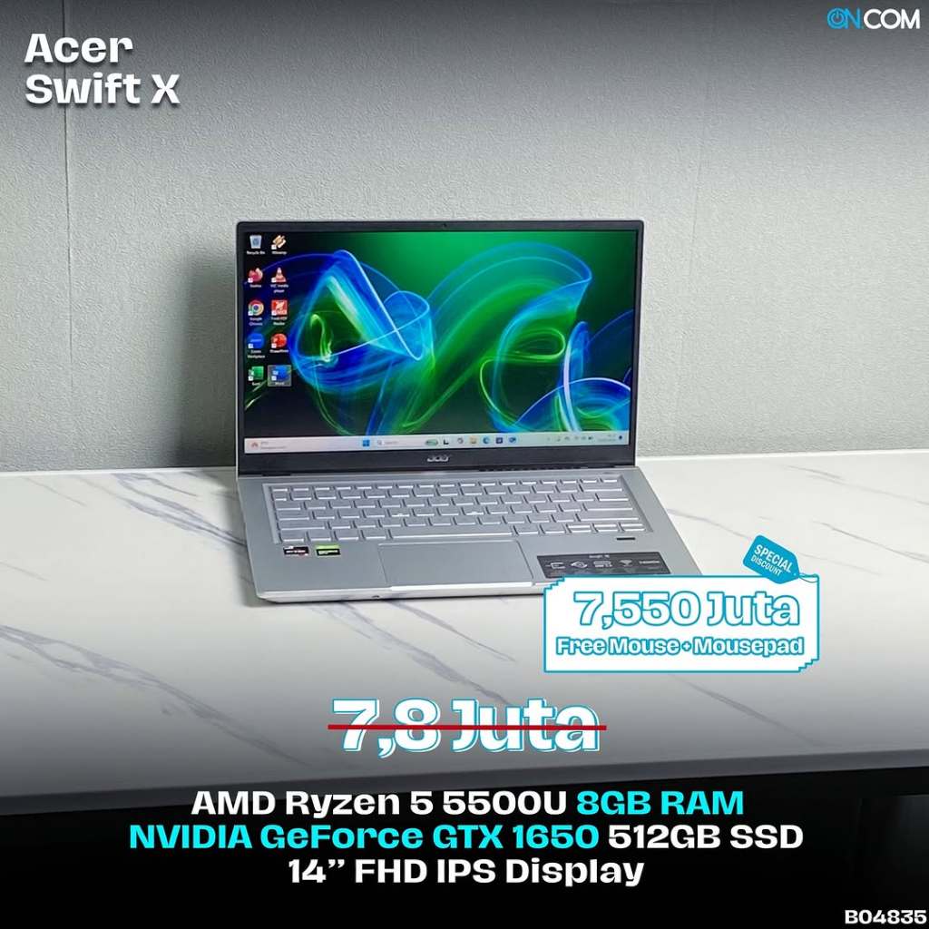 Acer Swift X/AMD Ryzen 5 5500U/RAM 8 GB/SSD 512 GB/Garansi Toko 1 Bulan