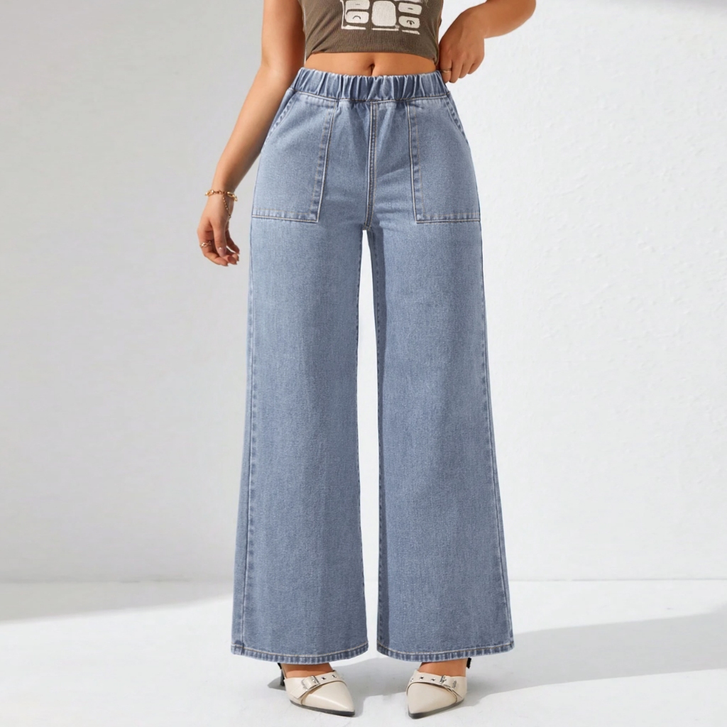 Celana Jeans Loose Wide Leg Plus Size Slack Denim Pants Palazzo Wanita Baffel Jeans