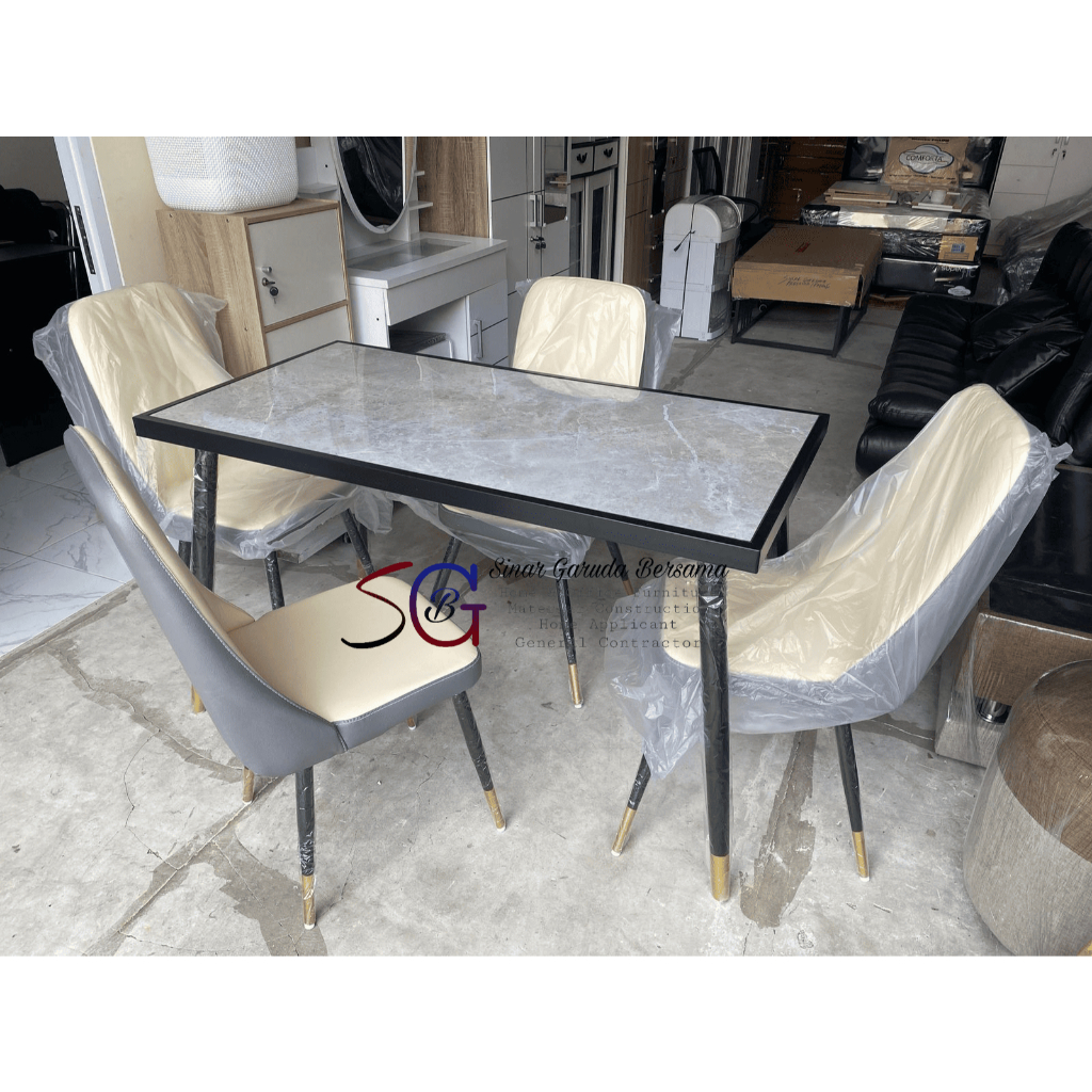 MEJA MAKAN IMPORT MINIMALIS 4 KURSI HITAM CREAM