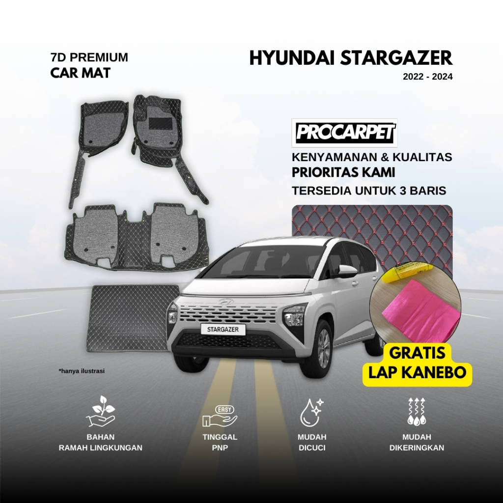 Karpet 7D+Karpet Mie Coil ProCarpet Premium Car HYUNDAI STARGAZER 7 SEAT DAN 8 SEAT 2022-2024 + Bonu