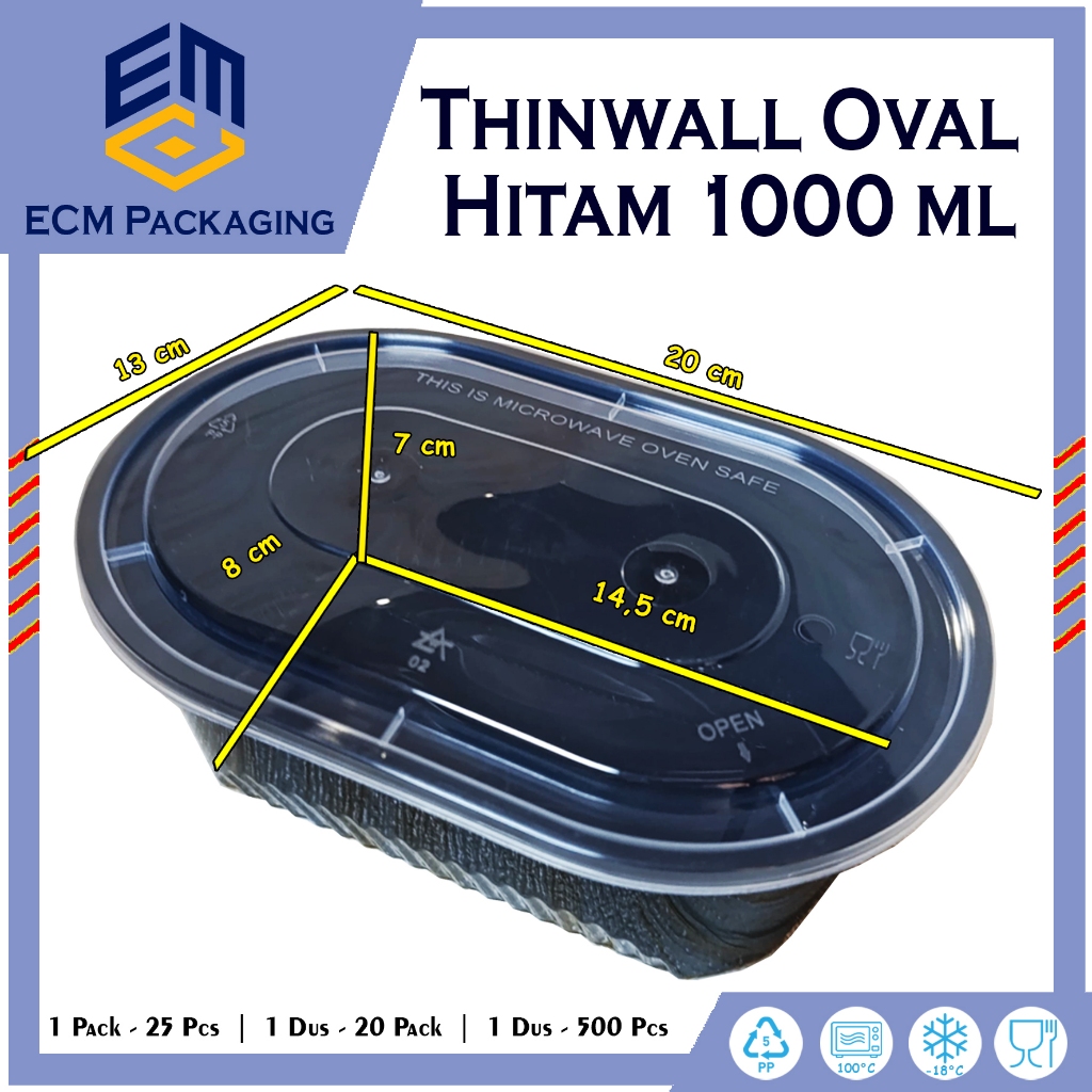 THINWALL OVAL HITAM 1000ML 25PCS | THINWALL REC 1000 OVAL HITAM | KOTAK MAKAN PLASTIK | FOOD  CONTAI