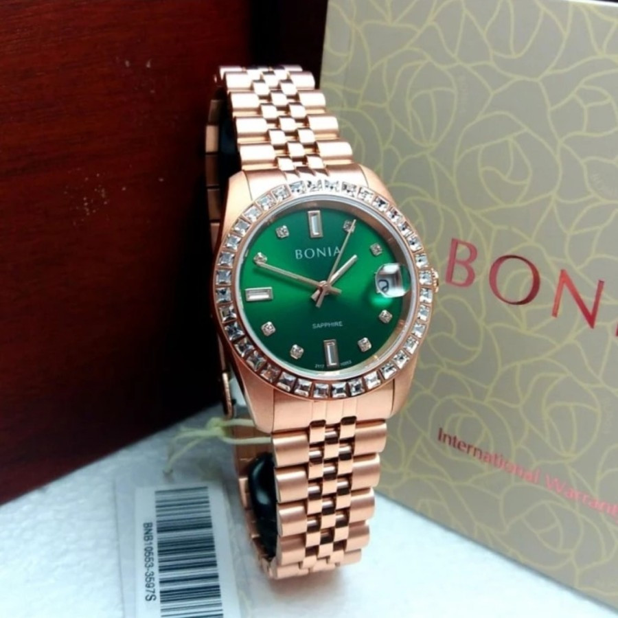 100% ORIGINAL  JAM WANITA BONIA BNB10553-3597S ROSEGOLD GREEN SAPHIRE