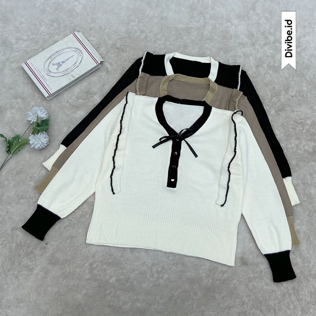 Rahel Sweater Knit - Rajut Atasan Wanita - Tali Pita Knit Blouse Ruffle