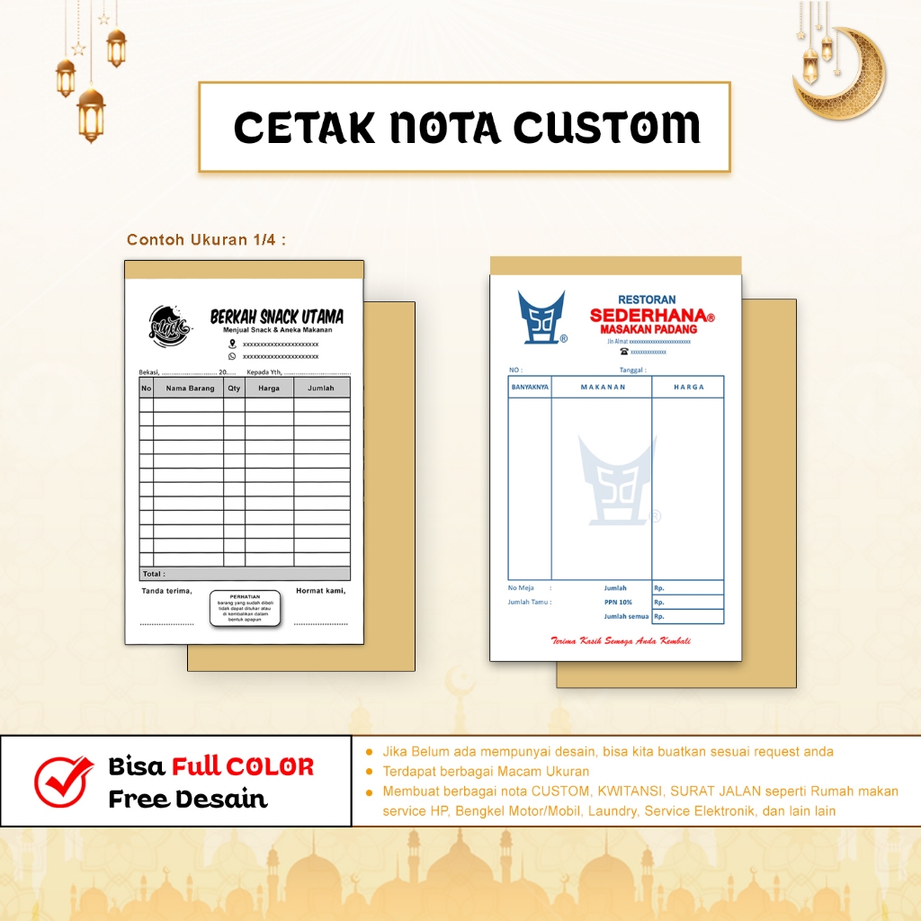 Nota Custom Free Desain | FULL COLOR | Nota Penjualan 1 Ply | Nota 2 Ply