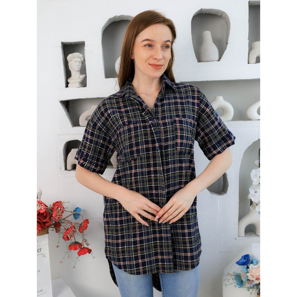 Kemeja Wanita Lengan Pendek Kotak-Kotak Hijau IVANKA DRESS