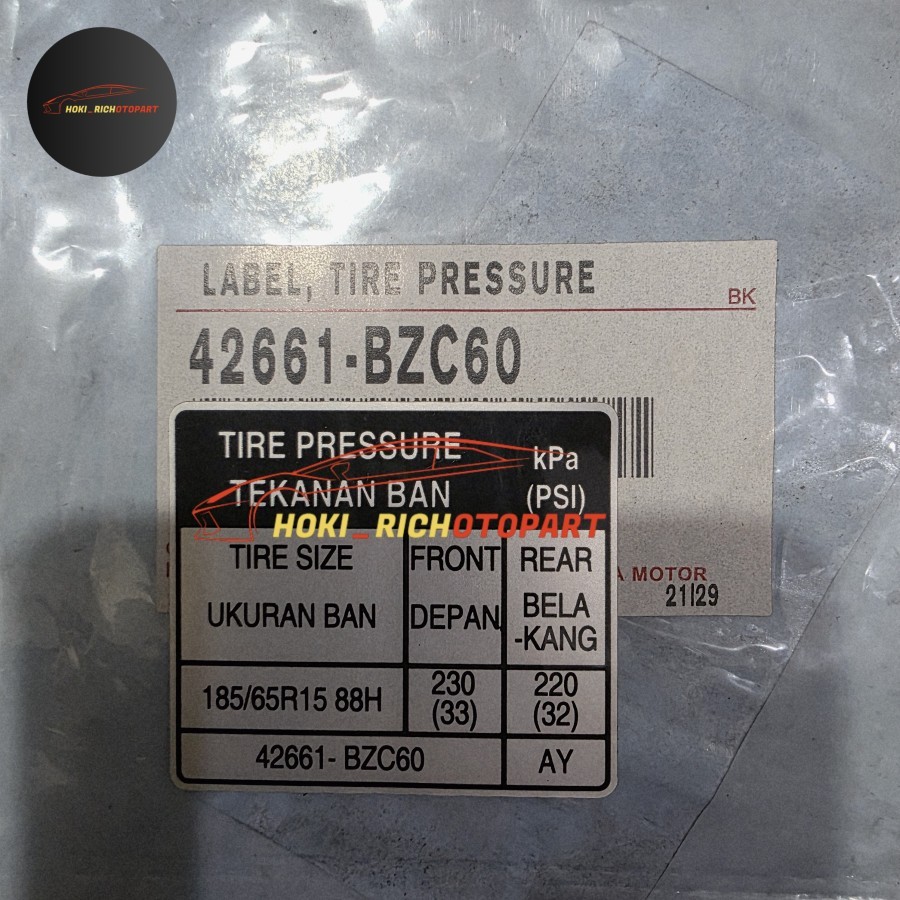 STIKER LABEL TIRE PRESSURE TEKANAN ANGIN AVANZA VELOZ 2022 ORIGINAL