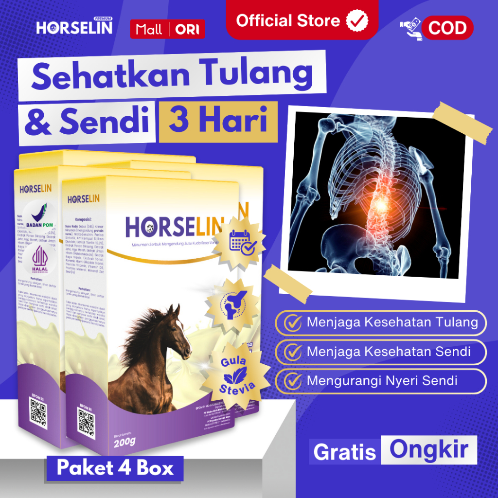 

4 BOX Susu Kuda Nyeri Tulang Pegal Linu Asam Urat | Horselin Susu Kuda Liar Sumbawa Asli (200gr)