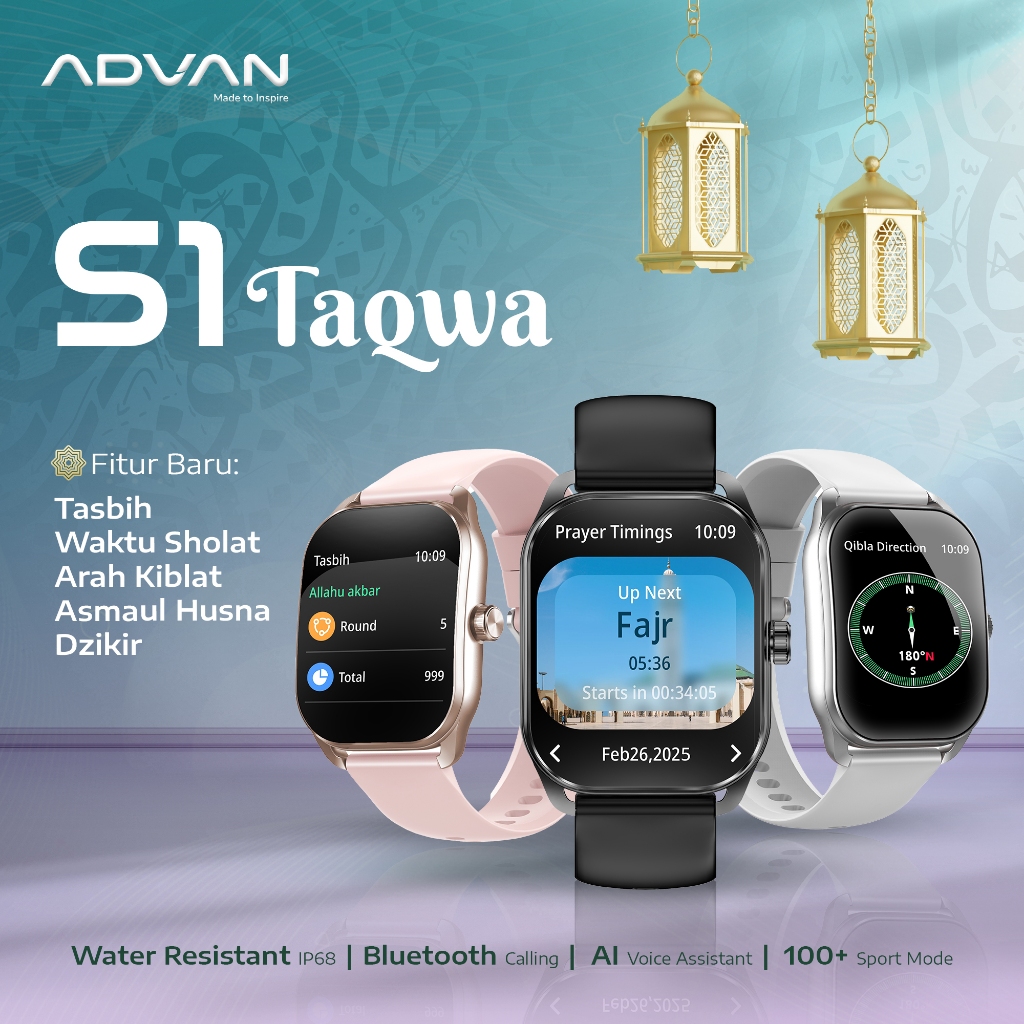 ADVAN Smartwatch S1 Taqwa – Fitur Islami IPS 2.01” Ai Voice Bluetooth Calls 100+ Sports Modes Long-l