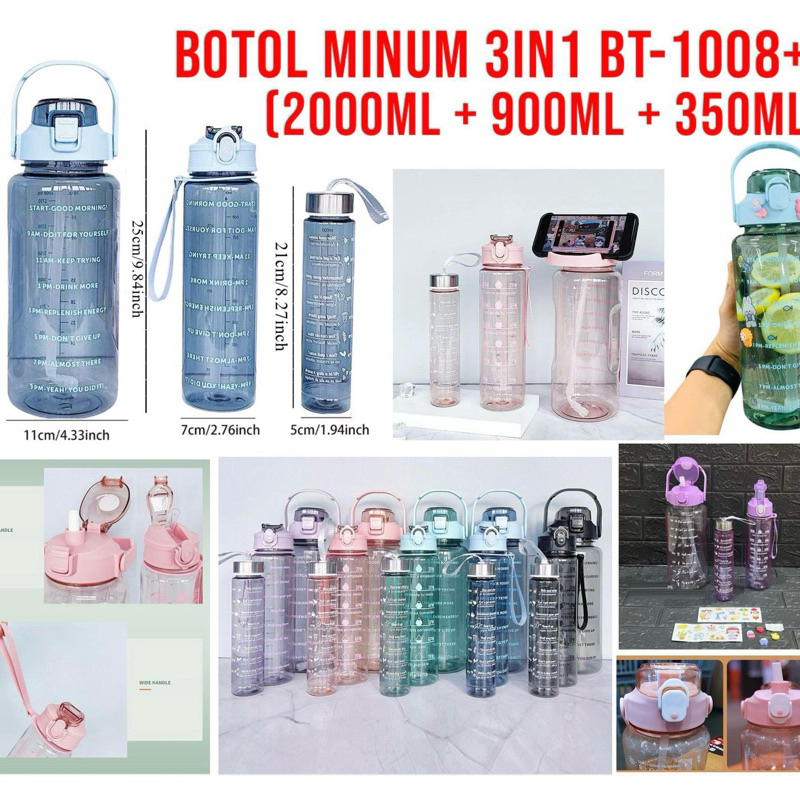 Botol Minum 3in1 BT1008+3 Botol Minum 2000ML 900ML 350ML Transparan Free Stiker BPA Free