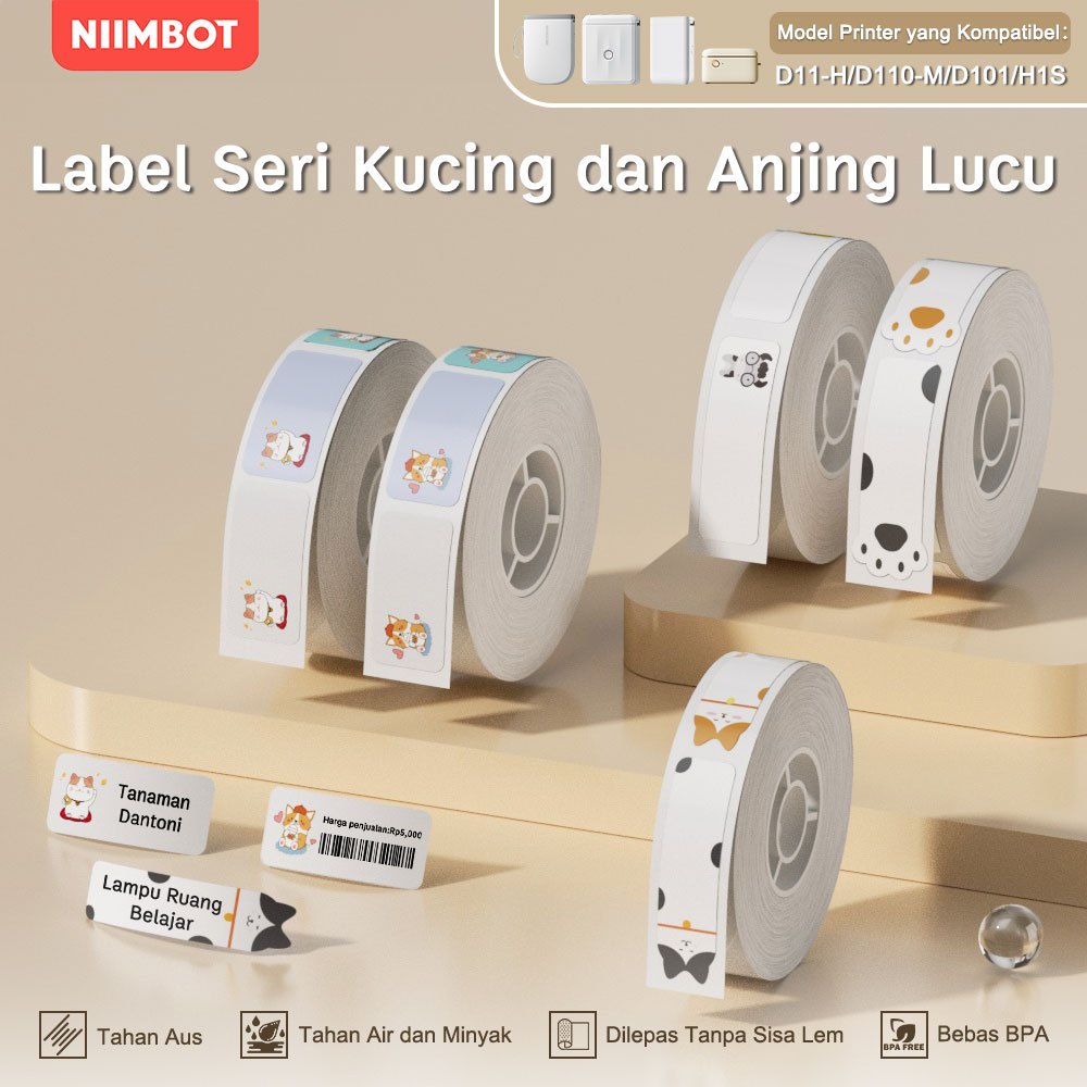 

NIIMBOT D11/ D110/D101 Kertas Label Pola Kucing dan Anjing Warna Stiker Nama Tahan Air