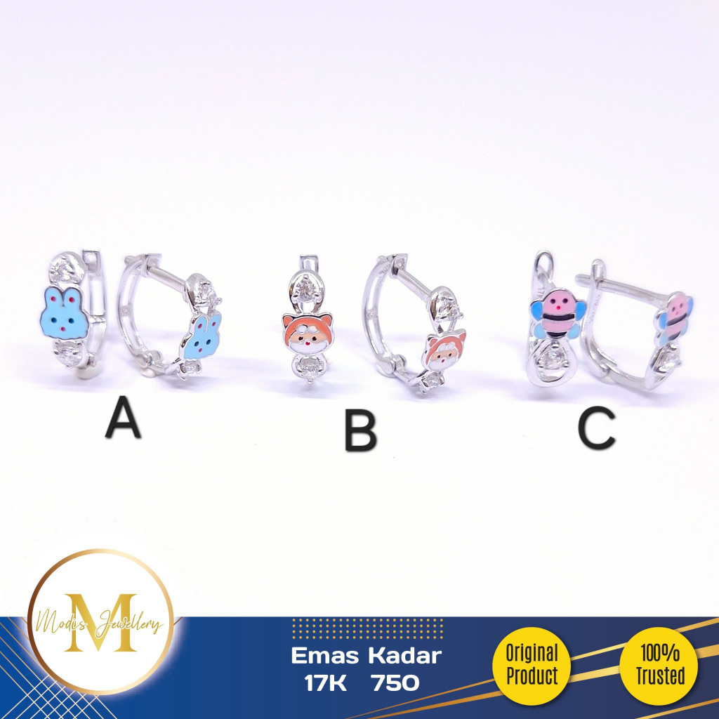 MODIS JEWELLERY - Anting Jepit Anak Karakter Kartun Putih - Emas 17k  750