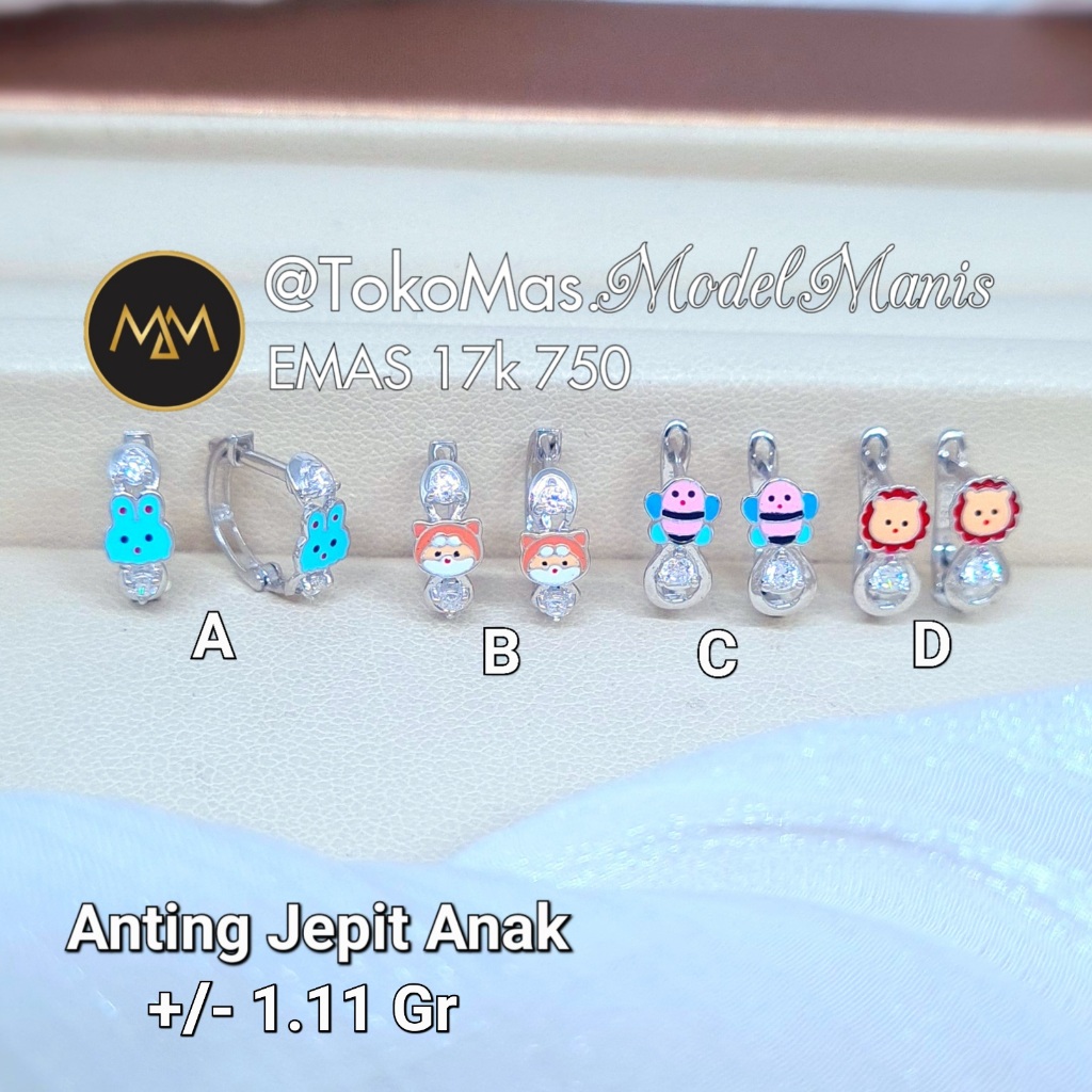 Anting Jepit Anak karakter kartun emas putih 750 kadar 17k