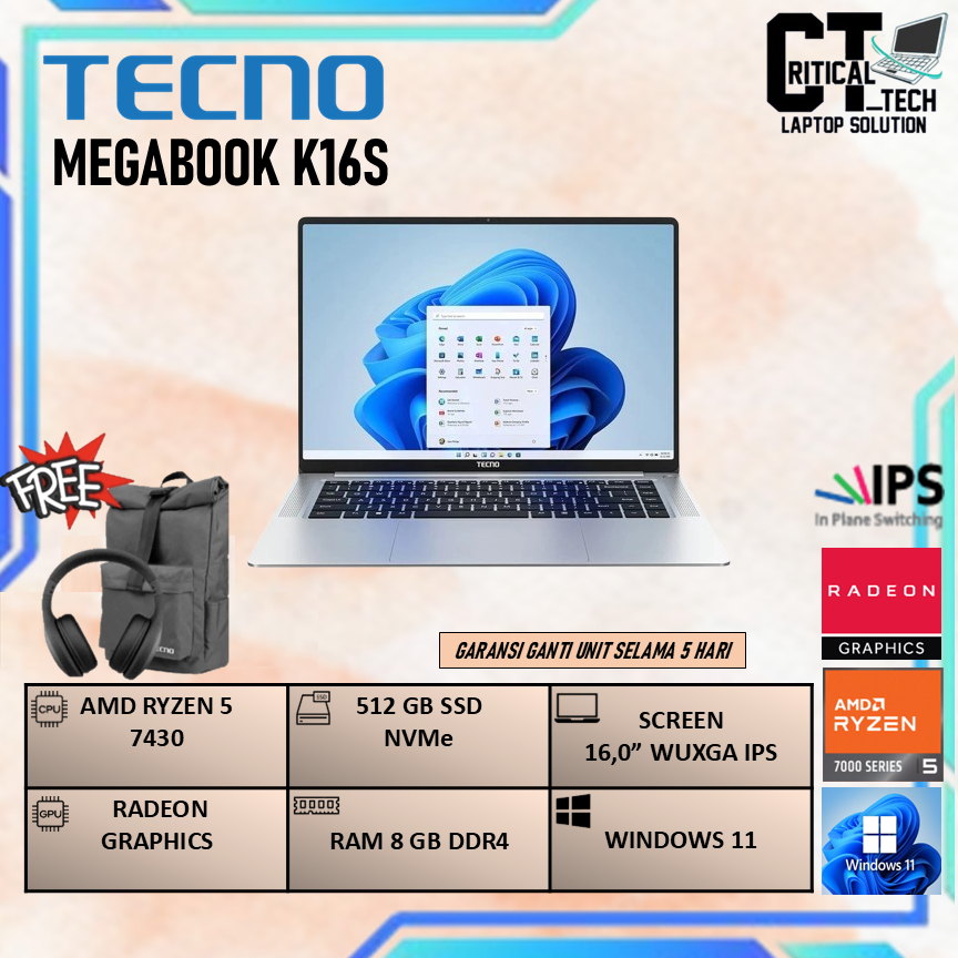 TECNO MEGABOOK K16S RYZEN 5 7430 8GB 512GB W11 16.0WUXGA IPS SILVER