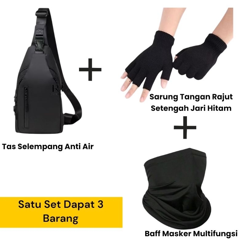 Paket Hemat Tas Selempang Dada Waist Bag+Baff+Sarung tangan (Rajut)  Setengah Jari Pria Wanita