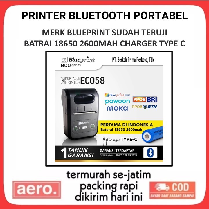 Printer Bluetooth PORTABEL Thermal Mini BLUEPRINT ECO58 Baterai 18650