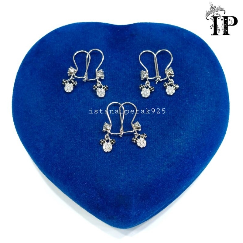 Anting Anak Perak Asli Silver 925 Lapis Emas Putih Kait Gantungan Mickey Permata Hitam - Pehiasan An