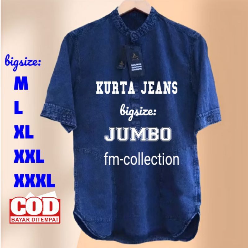 Baju Kurta Jeans Pria Jumbo Lengan Pendek Dewasa Besar Big Size/kurta jeans jumbo Lengan Pendek Pria