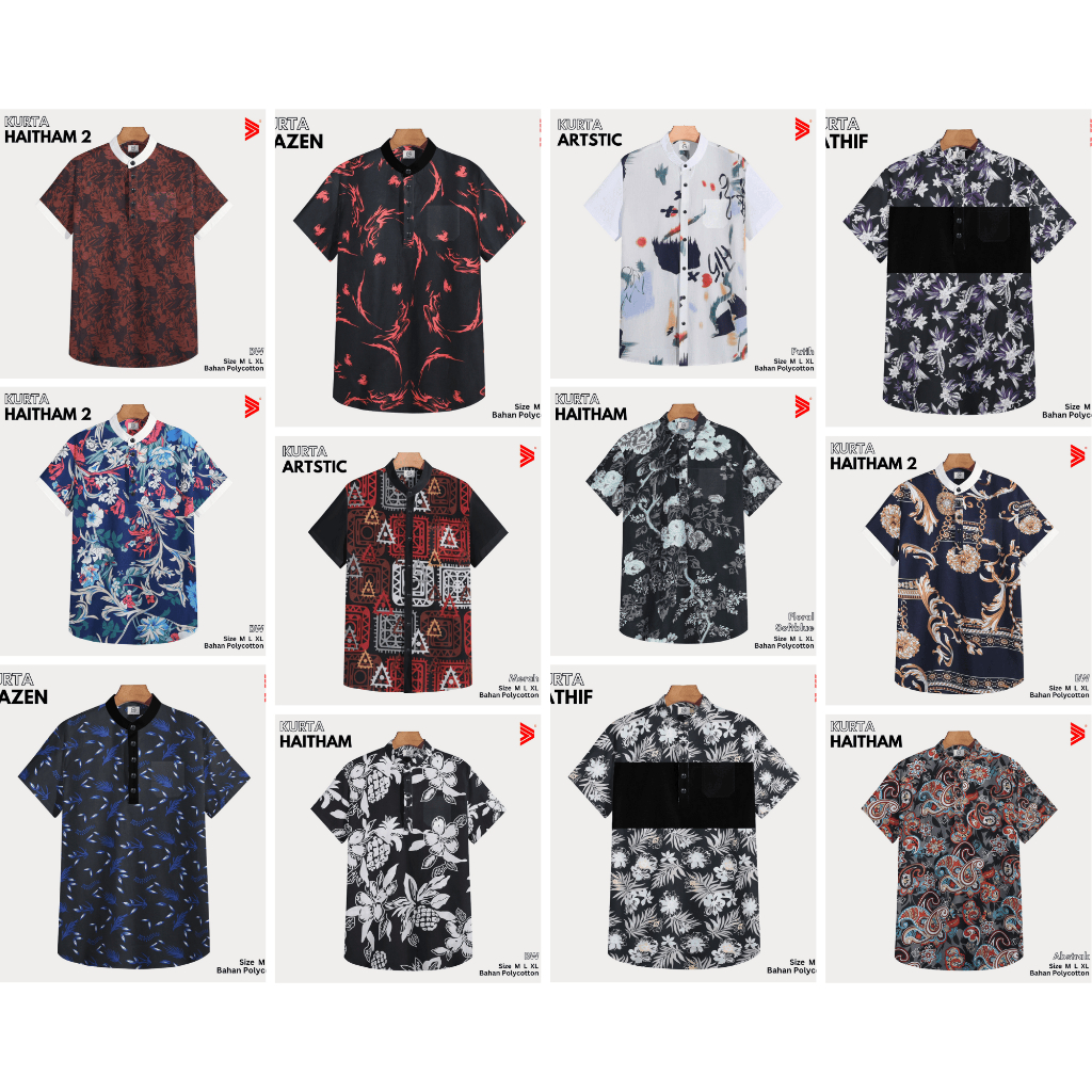 Pakaian Pria Baju Koko Kurta Shanghai Lengan Pendek Motif Printing Katun Series Kerah Shanghai