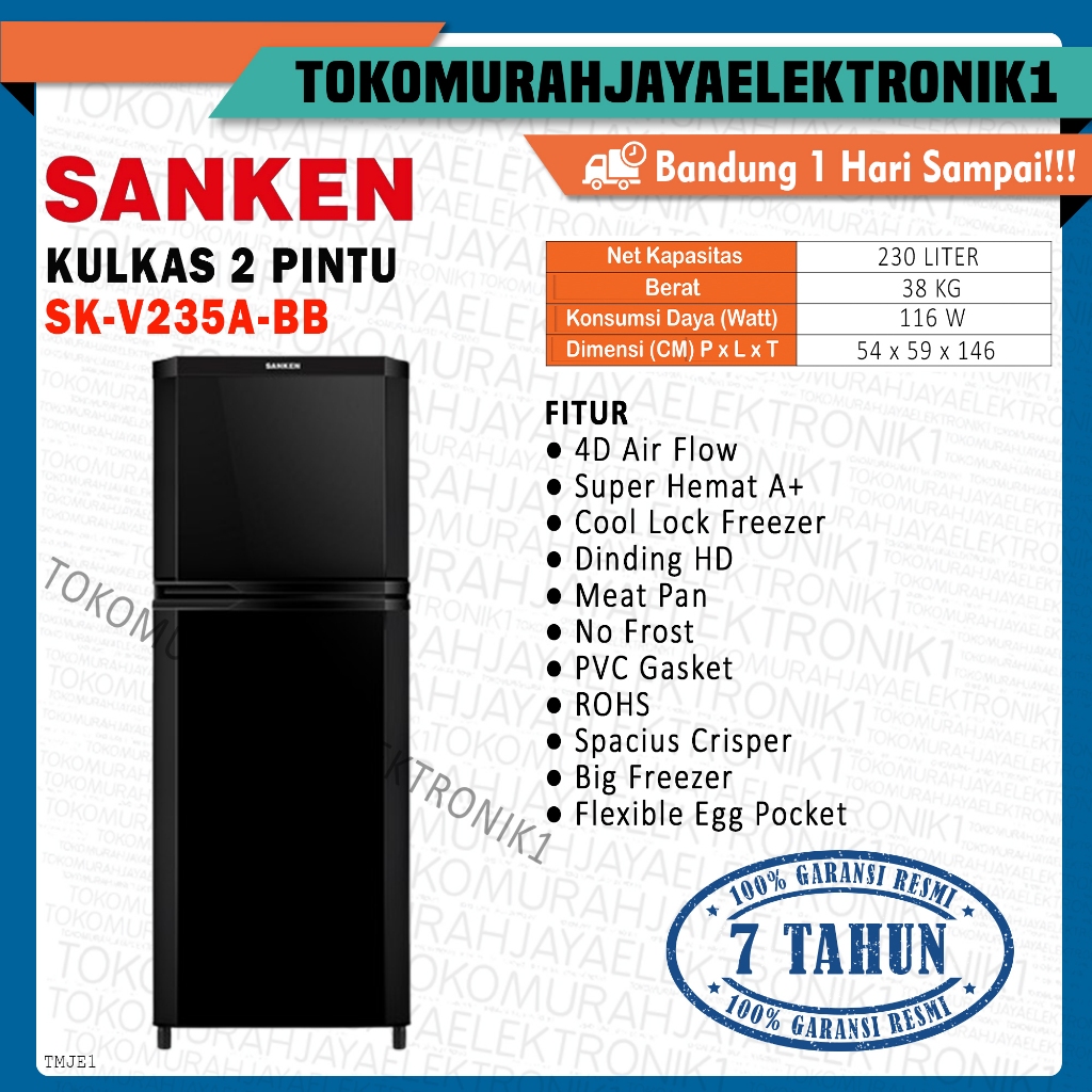 Kulkas 2 Pintu SANKEN 230 Liter SK-V235A-BB Big Freezer Garansi Resmi