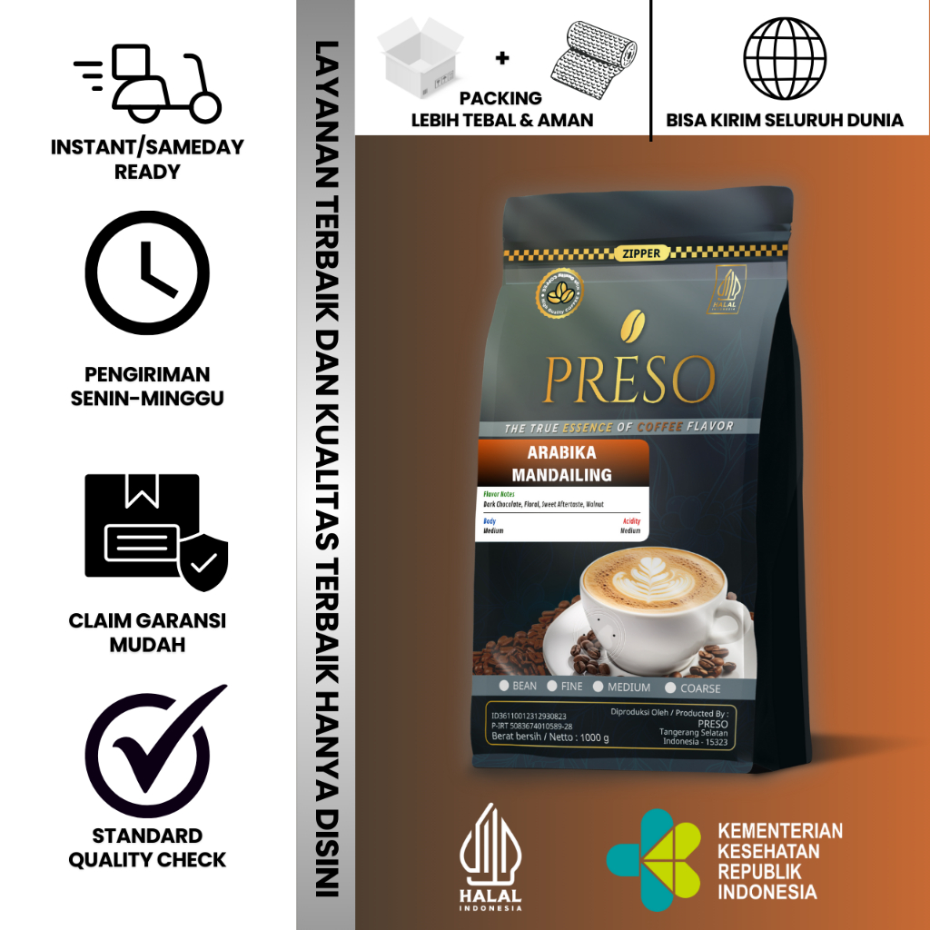 

PRESO Biji Kopi Bubuk Arabika Mandailing Sumatra Coffee Roast Beans Espresso Bean Coffe 1000 gram