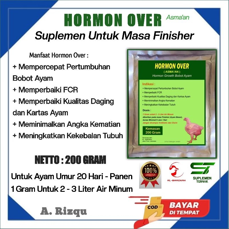 HORMON OVER ASMA'AN — Suplemen Penambah bobot dan Pertumbuhan Ayam Broiler & Petelur 200 Gram, Vitam