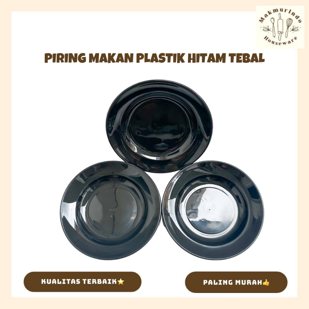12 Pcs Piring Makan Hitam Plastik Tebal - Makmurindo Houseware